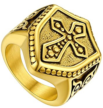 U7 Edelstahl Tempelritter Kreuz Schild Ring Wikinger 18k vergoldet Casual Herren Biker Statement Ring Großer Fingerring Modeschmuck Accessoire für Männer Jungen(Ring Größe 72)