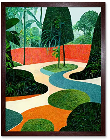 Wee Blue Coo Midcentury Style Garden Abstract Jungle Painting Orange Teal Green Art Print Framed Poster Wall Decor 12x16 inch