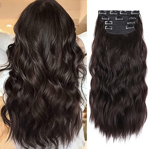 20 Inches Dark Brown Hair Extensions clip in, Synthetic Curly Clip in Hair Extension, Natural Thick Wavy Hairpieces for Women (Color:Dark Brown)