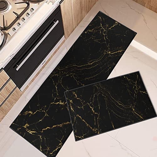 ArtSocket Küchenmatten, rutschfest, waschbar, 2er-Set, Marmor-Schwarz, abstrakter Läufer, Marmor, goldfarben, für den Boden unter der Spüle, Überwurf, Teppich für Küche, Fußmatte