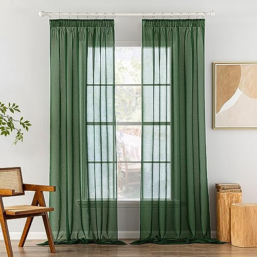 MIULEE Gardinen Vorhänge mit Kräuselband 2er Set Gardine Vorhang Gardinen Wohnzimmer aus Sheer Voile Curtains Transparent Schlafzimmer Dunkelgrün 140 x 260 cm