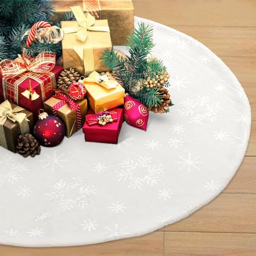 ibell Jupe De Sapin De Noël Argent Sequin Flocon de Neige, 90CM Decoration Sapin Noël en Flanelle, Blanc Neige Fausse Fourrure Couvre-Pied de Sapin pour Décorations de Vacances de Fête