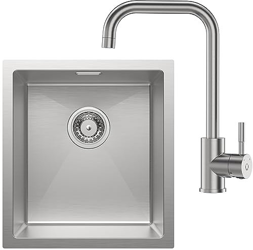 CECIPA Fregadero Cocina 1 Seno 40x44cm + Grifo Cocina Cepillado, Fregadero bajo Encimera o Sobre Encimera, Fregadero Cocina de Acero Inoxidable con sifón, Juego de Desagüe