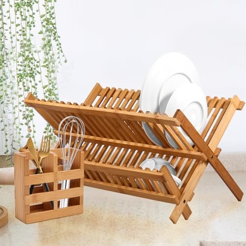 Jetcloud Drying 2 Tier Bamboo Dishes Drainer 20 Slots Bowl and Plate Utensil Holder Folding Wood Kitchen Rack for Counter, Large