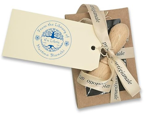 Ex Libris Timbro Personalizzabile, Timbro Libri Personalizzato in Legno, Albero della Vita, Idea Regalo con Scatola e Nastro, 10 Grafiche a Scelta, Cuscinetto Inchiostro Blu incluso
