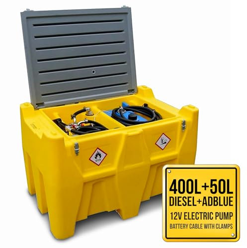TFF Portable Diesel and AdBlue Tank 400L + 50L with 12V Fuel Pump with a Flow Rate of 40 l/min, Diesel Pump with Battery Connection Cable and 4 m Flexible Hose with Automatic Refueling Gun