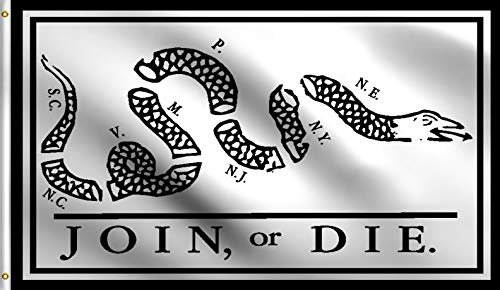 DMSE Join Or Die Revolutionärer Krieg Benjamin Franklin historische Flagge, 60 x 90 cm, 100 % Polyester, 100D-Flagge, UV-beständig, 60 x 90 cm, Weiß