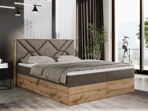 MKS MEBLE Boxspringbett 160x200 mit Bettkasten, Polsterbett 160x200 mit Matratze H3, Boxspringbett 160x200 mit Kopfteil, Boxspringbett mit Massivholz - Gunar - Braun Velvet - H3