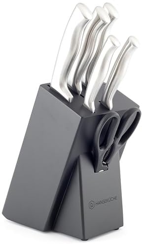 Hanseküche Messerblock - Messerset 7-teilig mit integriertem Messerschärfer - Messerhalter mit Messer - Küchenmesser Set Kochmesser, Messerset mit Block, Messer Set schwarz