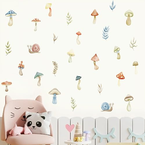 SIKERIC Woodland Snails Wall Decals - Peel and Stick Mushroom Wall Decor for Nursery, Kids Baby Bedroom, Living Room