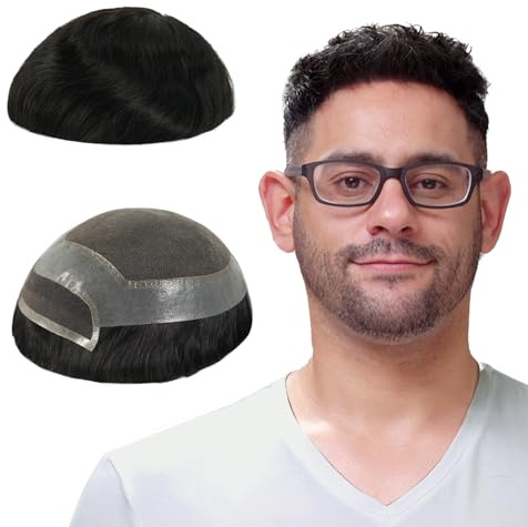 Lordhair Toupet Echthaar Männer, 100% Echthaar Toupet Herren, Toupet für Männer mit Französischer Spitze und Hautrand(18x23CM, Off Schwarz 1B#)