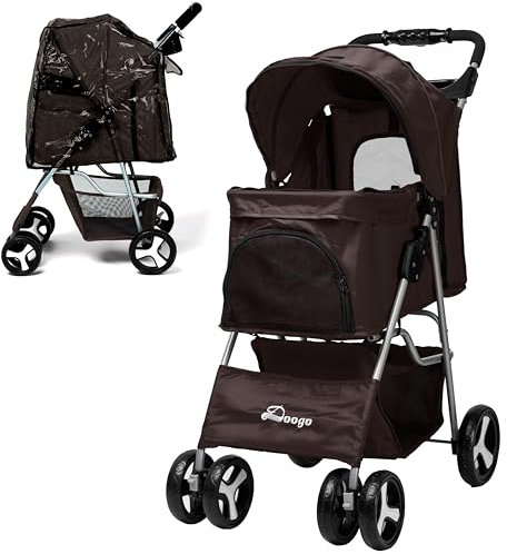 JupiterJX Pet Stroller with Rain Cover for Small Medium Dogs and Cats - Foldable Pram with Storage Basket, Cup Holder (Brown)