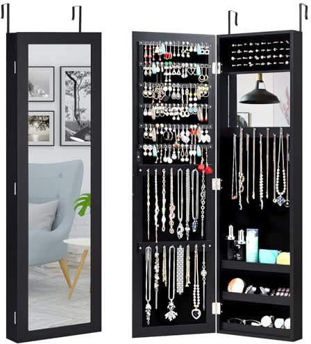 HOMASIS Schmuckschrank mit 2 Spiegeln für Wand & Tür, Spiegelschrank mit Regal, Schmuckregal mit Kettenhaken & Ringverschluss, Schmuckkasten Schmuck-Organizer aus Holz, Weiß (Schwarz)