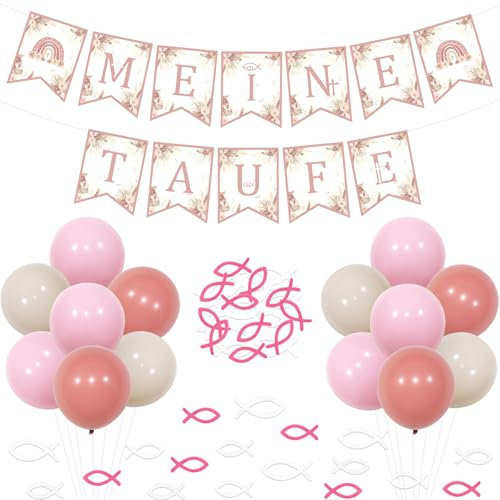Funmemoir Taufe Deko Mädchen Rosa Meine Taufe Dekoration Meine Taufe Banner Blau und Weiß Fisch Streudeko Holz Luftballons für Baby Mädchen Kommunjon Konfirmation Taufe Deko