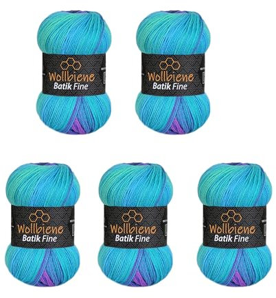 5 x 100g Wollbiene Batik Fine 500 Gramm Wolle mit Farbverlauf mehrfarbig Multicolor Strickwolle Häkelwolle (1500 lila türkis)