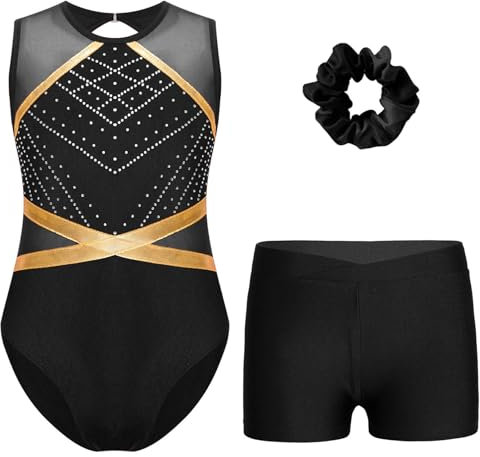 Miutii 3Pcs Mädchen Turnanzug Glitzer Gymnastikanzug mit Shorts Haarband Ärmellos Ballettanzug Ballett Trikot Leotard Wettbewerb Gymnastik Kleidung A Schwarz 134-140