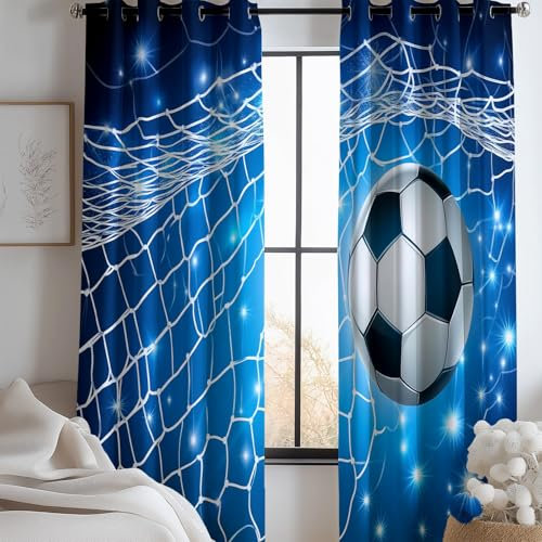 CozyRest 2 Stück Gardinen mit Ösen, 3D-Effekt Druck 3D-Fußball Vorhänge, H160 x B70cm Blauer Sternenhimmel Verdunkelungsvorhänge, blickdichte Vorhänge für Fensterdekoration im Schlafzimmer