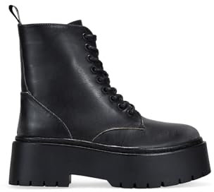 BOSANOVA Botas militares negras estilo punk para mujer con cordones en vertical y suela de plataforma dentada de 4.5 cm. Cierre con cremallera interior. Calzado para mujer NEGRO 40
