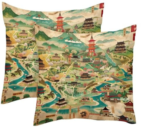 Map of Japan Reise-Kissenbezüge, weicher Samt, modern, dekorativ, doppelseitig, 50 x 50 cm (Kissen nicht im Lieferumfang enthalten), 2 Stück