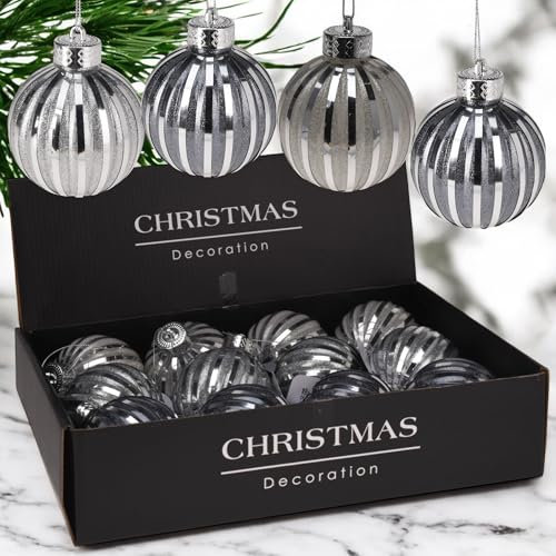MIJOMA - Set di 12 palline di Natale nostalgiche, infrangibili, diametro 8 cm, decorazioni per albero di Natale con design unico e incantesimo vintage in argento e grigio (set da 8)