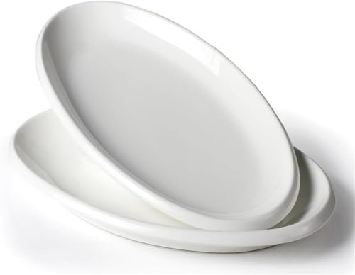 RRMMAN 10.5 Large Serving Platters, Oval Serving Plates,White Oval Turkey Platters for Party, Wedding, Entertaining, Ceramic Serving Trays and Platters for Serving Food Appetizers Meat, Set of 2