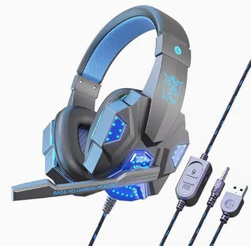 FKLBBLPM Bass HD Gaming Headset, Blue LED Lights, Breathable Mesh Ear Cups, 7.1 Surround Sound