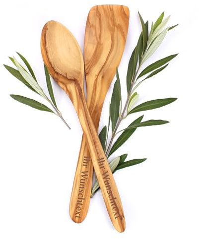 Dekolando Kochlöffel und Pfannenwender aus Olivenholz - personalisiert mit Gravur - Made in Germany - Holz Set Kochbesteck Holzbesteck