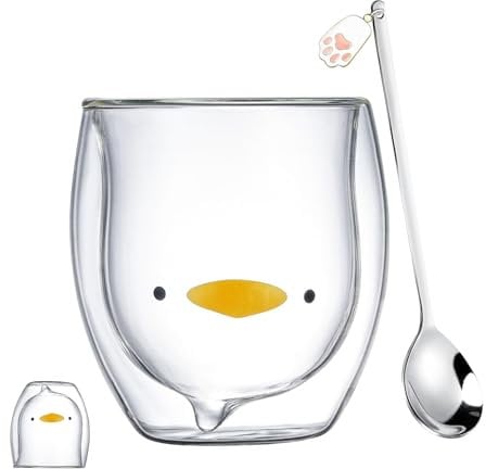Doppelwandige Gläser Ente mit Löffel, Doppelwandige Ente Teeglas 250 ml, Doppelwandiges Glas Ente, Ente Glas, Thermoglas Ente, Kaffeeglas Teegläser, für Cappuccino,Latte Macchiato,Tee, Milch, Bier