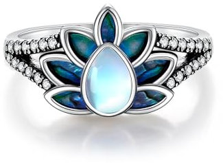 DAYLINLOVE Lotus Ring 925 Sterling Silber Mondstein Abalone Muschel Lotusblüte Ring Inspirierendes Blumen Yoga Schmuck Jahrestag Geschenk für Damen Mädchen Frauen Mutter Lotus Liebhaber(8