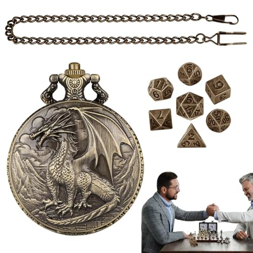 GkgWuxf Drachen-Taschenuhr-Gehäuse – Drachen-Design, Taschenuhr-Schale mit Würfel-Set, Rollenspiel-Brettspiel-Zubehör für Halloween, Weihnachten