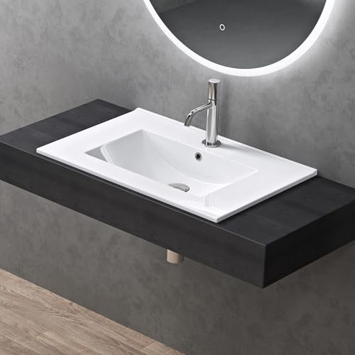 doporro Lavabo à Encastrer Blanc Vasque en Céramique Lave Mains Rectangulaire de Qualité pour Salle de Bain 71x47x18cm Brüssel911