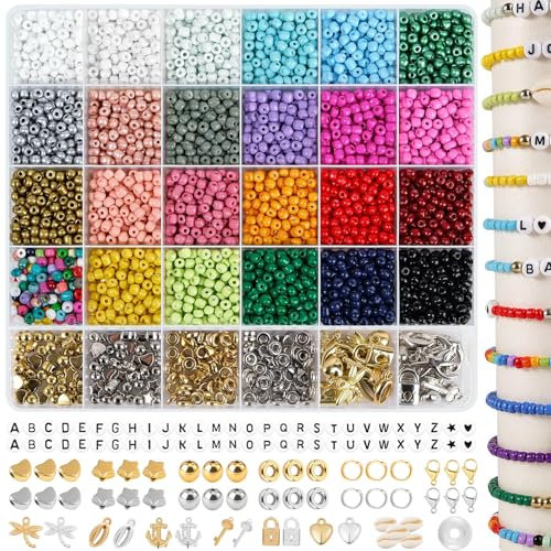 EUES 4mm Perlen für Armbänder,Perlen zum Auffädeln mit A - Z Buchstabenperlen,Armbänder Selber Machen mit Glasperlen,Perlen Set für Schmuckherstellung DIY Halsketten Handwerk