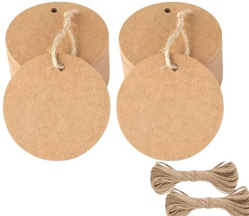 5.5 CM Round Kraft Paper Gift Tags - 100PCS Kraft Paper Labels, Blank Hang Tags with Jute String for DIY Crafts, Small Business, Wedding, Thank You, Packaging