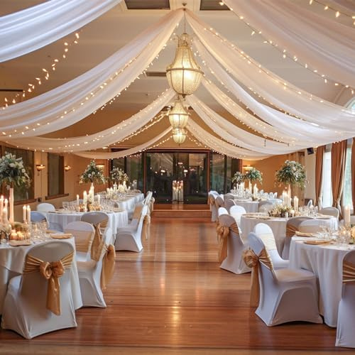 Weiße Deckenvorhänge mit Lichterkette, für Hochzeiten, 6 Paneele, 1,5 x 9,1 m, transparenter Tüllhintergrund, Fotohintergrund, Vorhänge für Hochzeitszeremonie, Geburtstag, Party, Bogendekoration