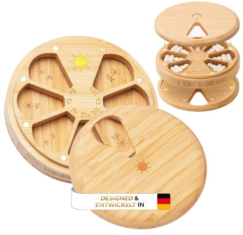 ELEMENTBOX Premium Pillenbox aus Holz – Licht & Hitzegeschützt, doppelseitig + 24K Gold Magnetverschluss, 7 Tage Tablettendose und 14 Fächer, Natürlicher Organizer mit FSC Bambus, Neues Modell 2026