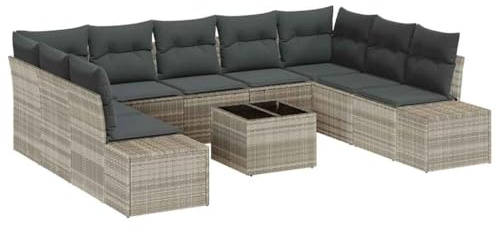 vidaXL 10-teiliges Gartensofa-Set mit Kissen in Grau aus Poly Rattan – modernes, wetterfestes Lounge-Möbel für den Patio mit verstellbaren Füßen.