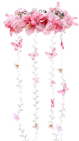 PartyforU Pink Flower Crown Headband for Women, Floral Fairy Headpiece Bohemian Vine Flower Headband with Butterfly for Wedding Bridal Shower Party Renaissance