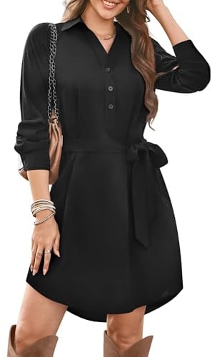 Florboom Damen Langarm Blusenkleid V-Ausschnitt Chiffon Kleid Lässige Herbst Minikleid mit Taschen