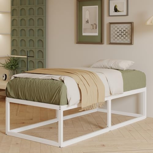 EMODA 46 cm Hohes Metallbett 80x190 cm, Stabiles Bettgestell | Mit Stahlgitterträger, Großes Stauraum unterm Bett, Geräuschfrei, Einfacher Aufbau, Weiß