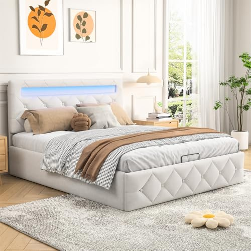 MISNODE Gepolstertes Boxspringbett, 140 x 200 cm, Doppelbett mit LED-Leuchten und verstellbarem Kopfteil, Struktur aus Samt mit Lattenrost für Erwachsene und Jugendliche (Aprikose, 140 x 200 cm)