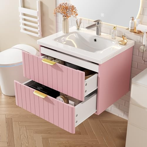 NADEUSAK Armario colgante para lavabo individual, color rosa, 50 x 60 cm, con lavabo, doble almacenamiento, MDF resistente a la humedad, ahorra espacio