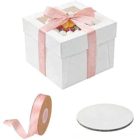 11 Stück Tortenbox Tortenkarton Hoch 30x30x20 cm Hohe Kuchenverpackung Kuchenplatte 5 Boxen + 5 Teller + 1 Rollen Satinband für Torten,Kuchenkarton für Torten, Gebäck,Kuchen-Transportbox,Gebäck