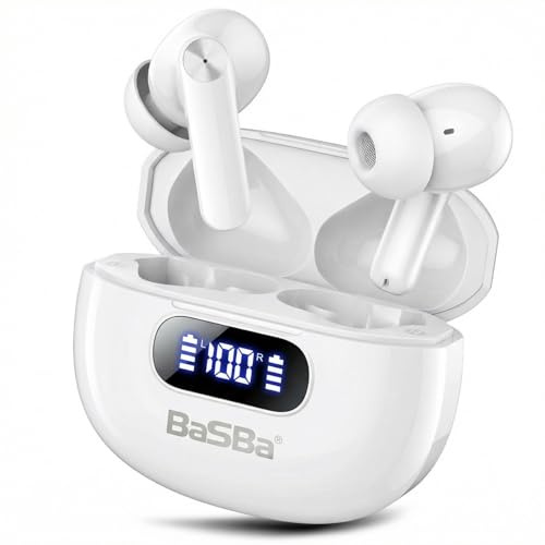 BaSBa In-Ear Bluetooth 5.4 Kopfhörer TWS mit HiFi Stereo Bass, ENC Mikrofon, LED Display, USB-C Ladecase, IPX4, Touch Control, 5-8h Akku S50