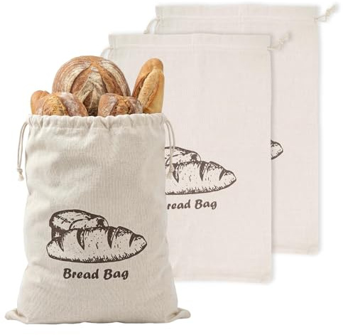 3 Pièces Grands Sacs à Pain en Lin Réutilisables de 45 x 30 cm, Sacs de Rangement en Tissu pour Pain, Baguettes, Pains Complets et Petits Pains, Écologique et Facile à Nettoyer