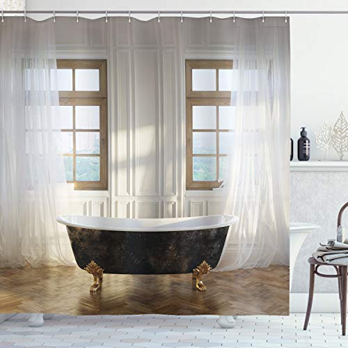 ABAKUHAUS Antiquität Duschvorhang, Badewanne im modernen Zimmer, Stoffliches Gewebe Badezimmerdekorationsset mit Haken, 175 x 180 cm, Weiß Schwarz Hellbraun