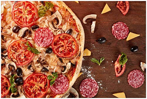 Wallario selbstklebendes Poster - Pizza mit Tomaten, Salami, Oliven und Pilzen, Aufkleber in Premiumqualität, Klebefolie Größe: 100 x 150 cm XXL-Poster