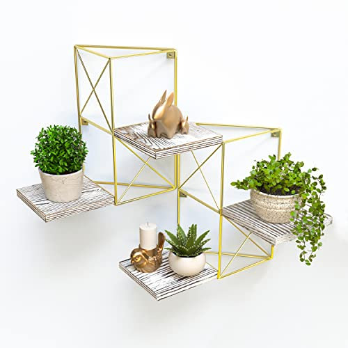 J JACKCUBE DESIGN Wall Mounted Floating Shelves, Set of 2 Gold Frame and Rustic Wooden Planter Display Organizer Shelf for Bedroom, Living Room, Bathroom, Kitchen and Office Decor- MK687A