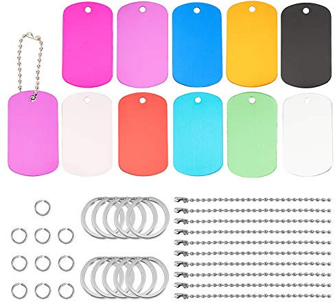 BENECREAT 20Pcs Schildform farbige Aluminium Stempelrohlinge 5x3cm Pet ID Tags mit Aufbewahrungsbox, 30Pcs Biegeringe, 10Pcs Kugelketten, 10Pcs Schlüsselringe zum Gravieren von Kunsthandwerk