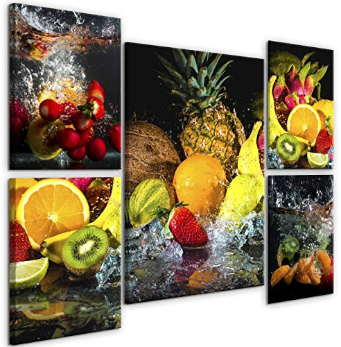 decomonkey Bilder Set Obst 110x80 cm 5 Teilig Leinwandbilder Bild auf Leinwand Vlies Wandbild Kunstdruck Wanddeko Wand Wohnzimmer Wanddekoration Deko K che Wasser Ananas Kokos