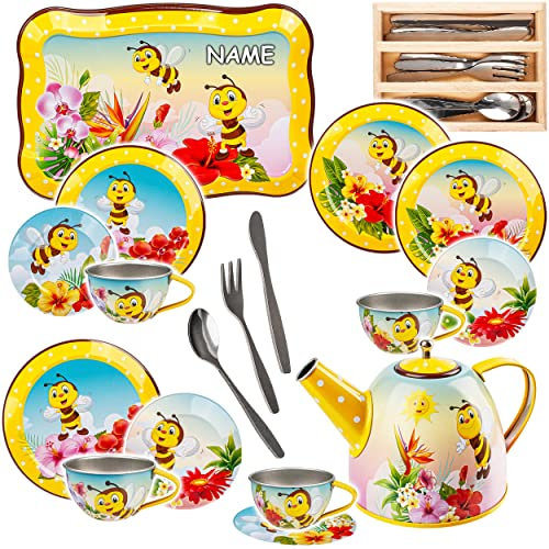 alles-meine.de GmbH 28 TLG. Set Puppengeschirr/Teeservice & Kaffeeservice - süße Bienen & Tiere - inkl. Name + Besteck - Tablett & Geschirr aus Blech - Metall - Blechgeschirr..